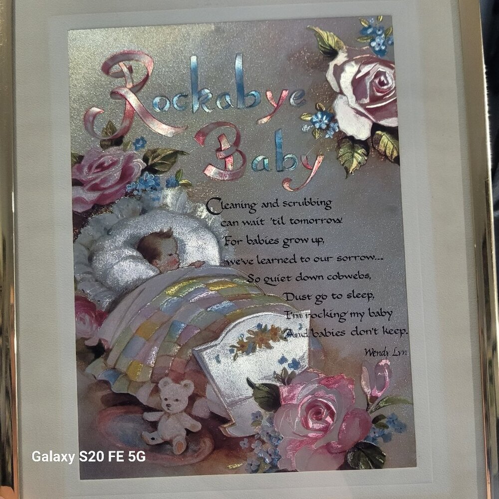 Vintage Rockabye Baby Metallic Print 1980's by Wendy Lyn Framed and Matted